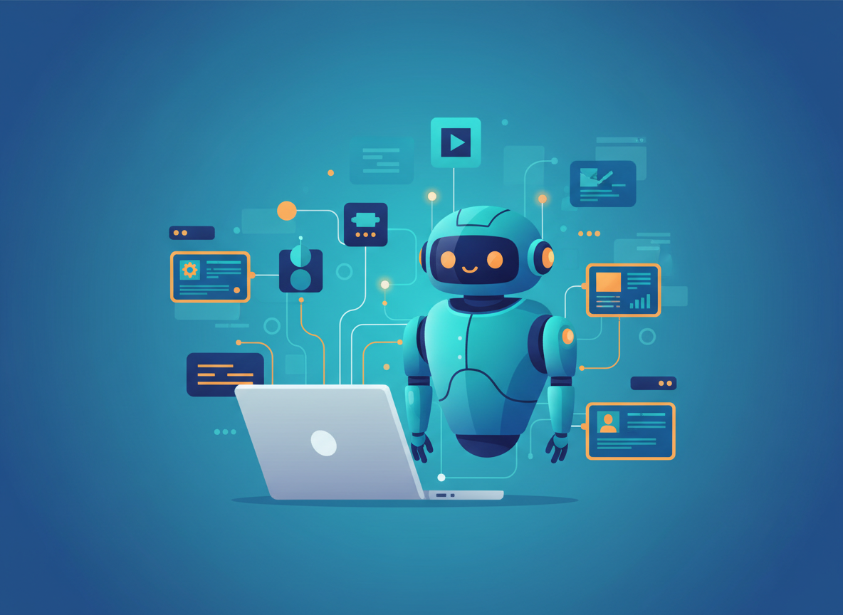 Clean modern editorial illustration of AI agents automating work: a friendly futuristic robot assistant and several glowing connected workflow nodes, task cards and dashboards floating around a laptop, teal and deep blue palette with warm orange accents, minimal flat style, wide 16:9 blog header, no text