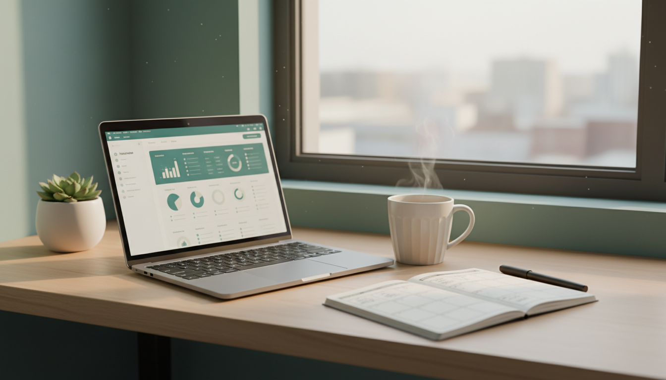 Organized remote work desk with laptop, notebook and tea, representing a personal operating system